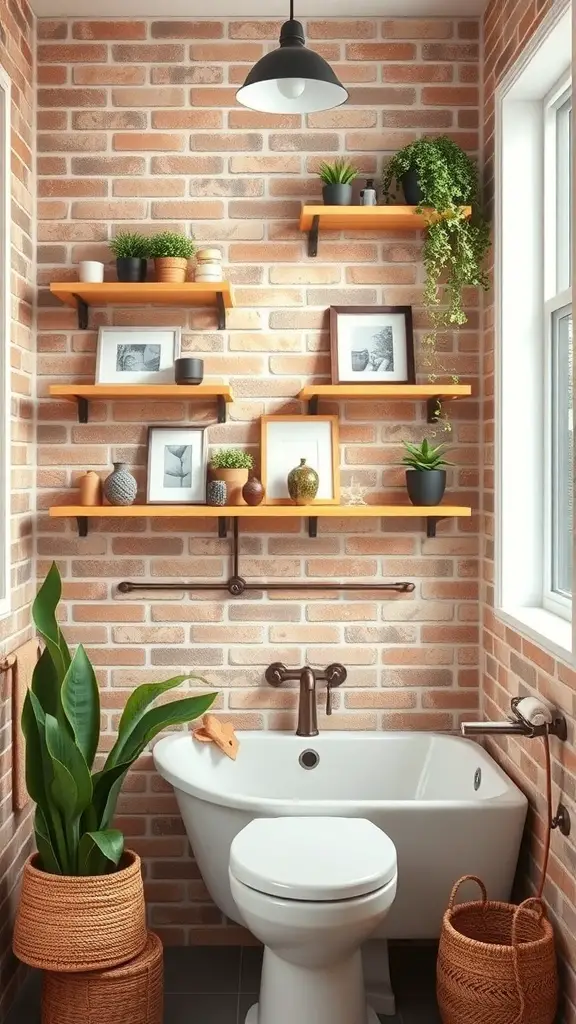 23+ Stunning Bathroom Brick Wall Accent Ideas You Need to Try 8 Bathroom with a brick wall and floating wooden shelves displaying plants and pictures.