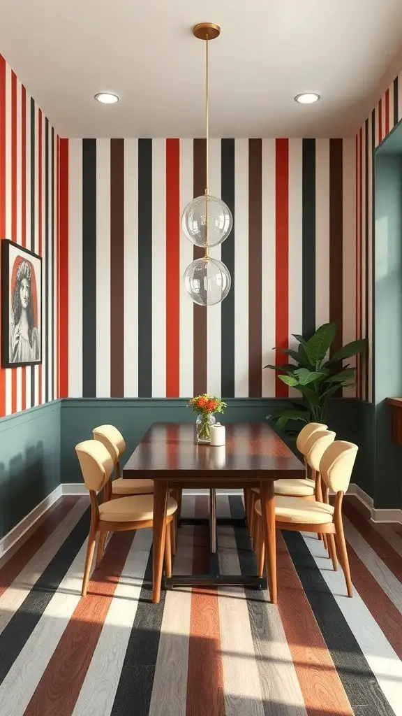 27+ Stunning Wall Paint Designs to Transform Your Space 8 Dining area with vertical striped walls in red, black, and white.