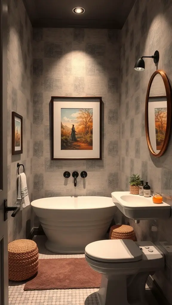 29+ Stylish Lighting Ideas to Transform Your Bathroom 4 A stylish bathroom featuring accent lighting that highlights artwork on the wall.