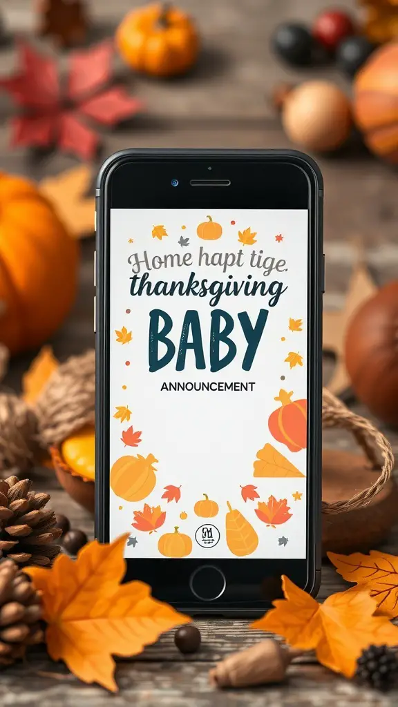 A phone displaying a Thanksgiving baby announcement surrounded by autumn decorations.