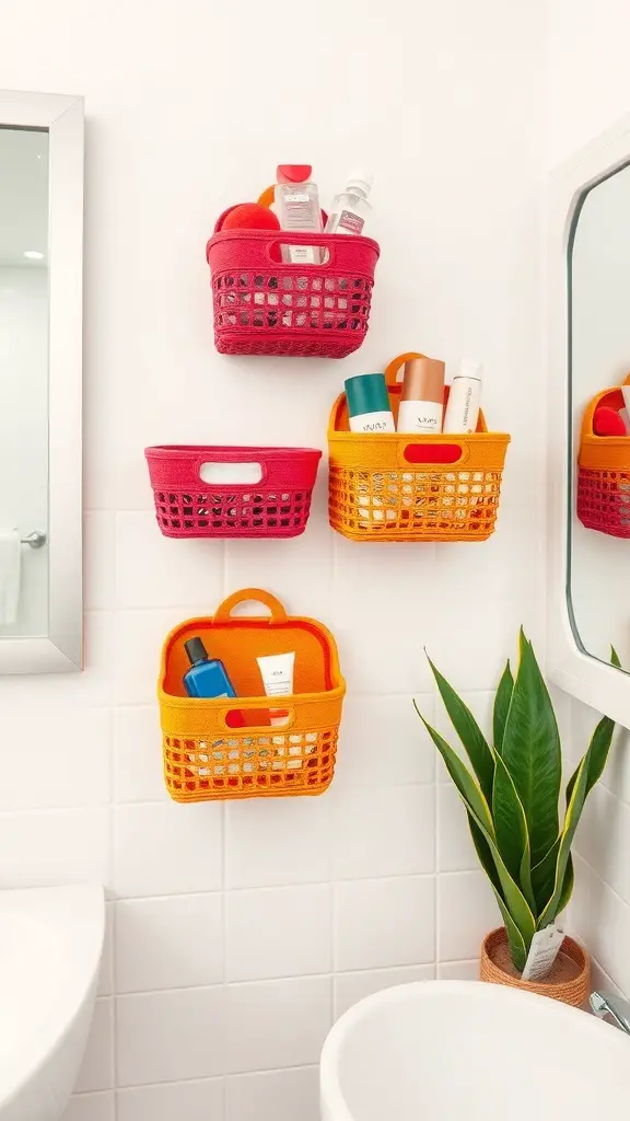 25+ Stylish Bathroom Wall Basket Ideas for Every Space 8 Colorful fabric baskets hanging on a bathroom wall, filled with toiletries.