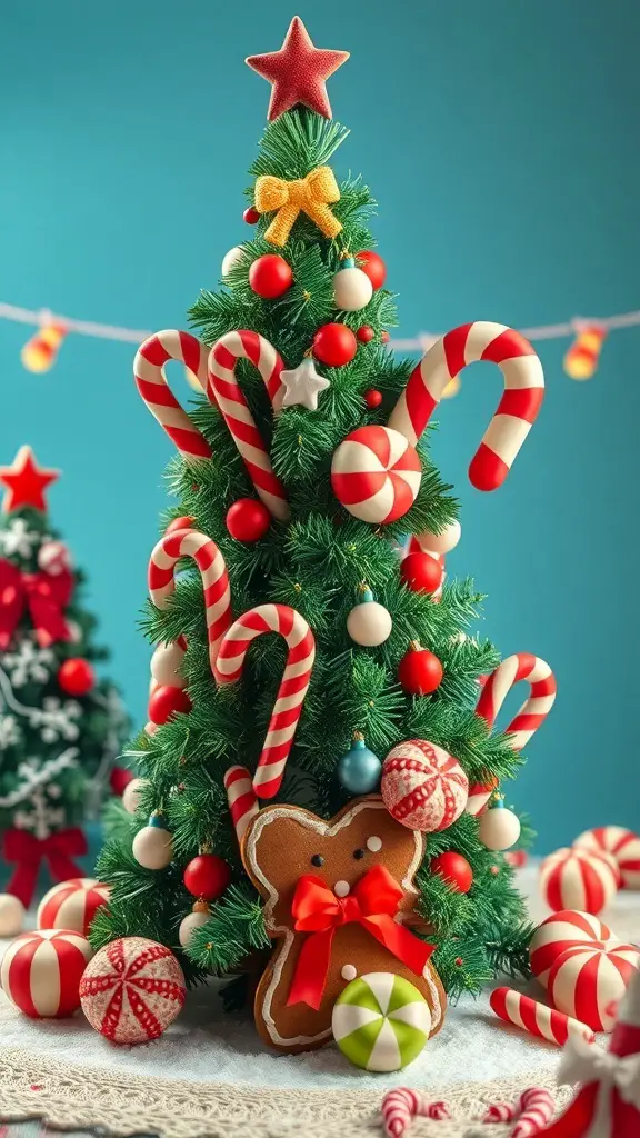 A whimsical gingerbread Christmas tree decorated with candy canes, ornaments, and a gingerbread figure.