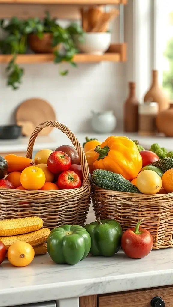 Two woven baskets filled with colorful fruits and vegetables on a kitchen counter.