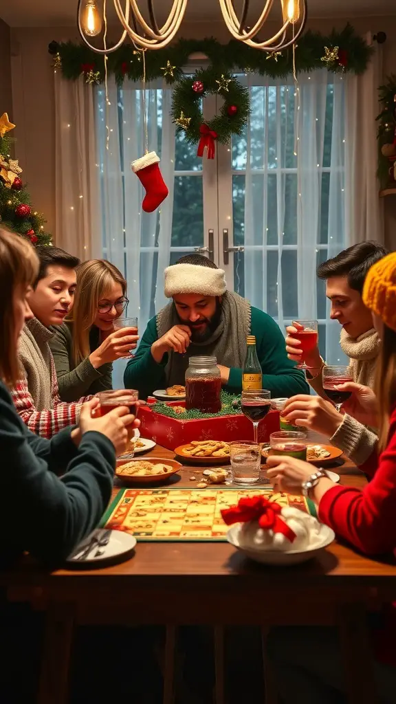 A group of friends enjoying a board game night during the holidays, surrounded by festive decorations.