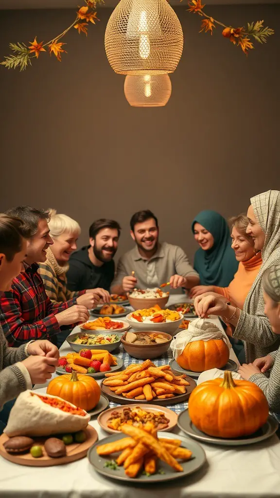 A diverse group of people enjoying a Thanksgiving meal around a table filled with food.