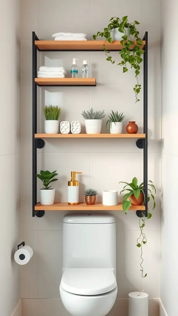 27+ Stylish Over the Toilet Storage Ideas to Maximize Your Space 4 Stylish wall-mounted rack above a toilet with towels, plants, and bathroom products.