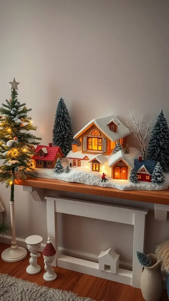 25+ Creative Christmas Decor Ideas for Your Living Room 15 A cozy snowy village scene display with miniature houses, trees, and festive decorations.