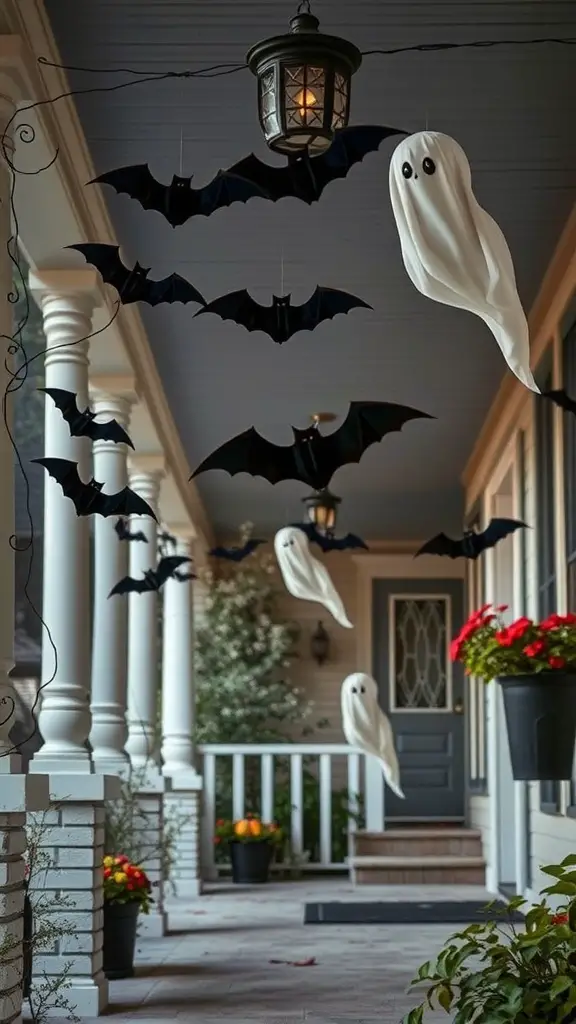 A porch decorated with hanging bats and ghosts for Halloween.