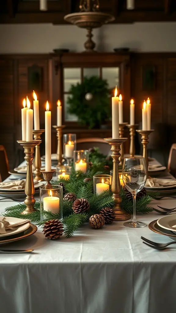 A beautifully set dining table with gold candlesticks, white candles, pinecones, and greenery, creating a warm and inviting atmosphere.