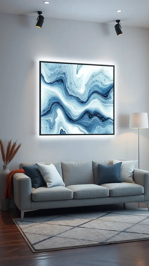 23+ Creative Above Sofa Wall Decor Ideas to Transform Your Space 14 A modern living room featuring a blue abstract artwork with LED backlighting above a light gray sofa.