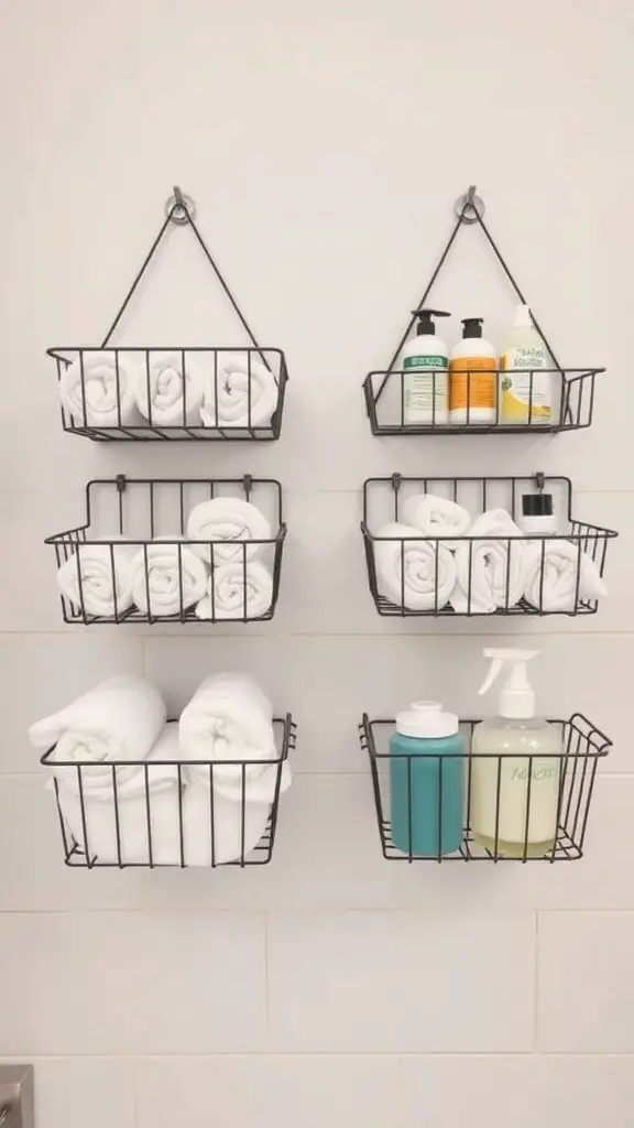 25+ Must-Try Minimalist Bathroom Organization Ideas 14 Image of hanging baskets in a minimalist bathroom, storing towels and toiletries.