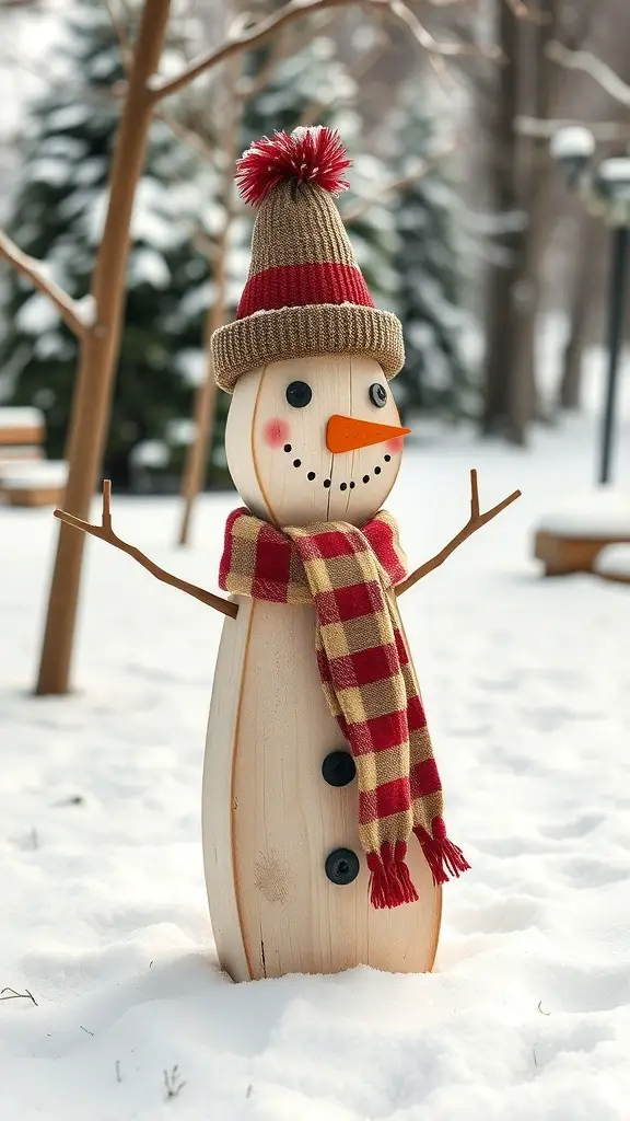 A wooden snowman decoration wearing a knitted hat and scarf, standing in the snow.