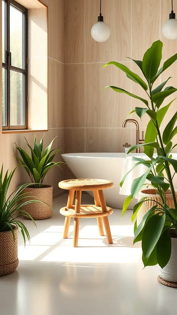 27+ Chic Bathroom Stool Styling Ideas to Elevate Your Space 8 A bright bathroom featuring a bamboo stool surrounded by potted plants.