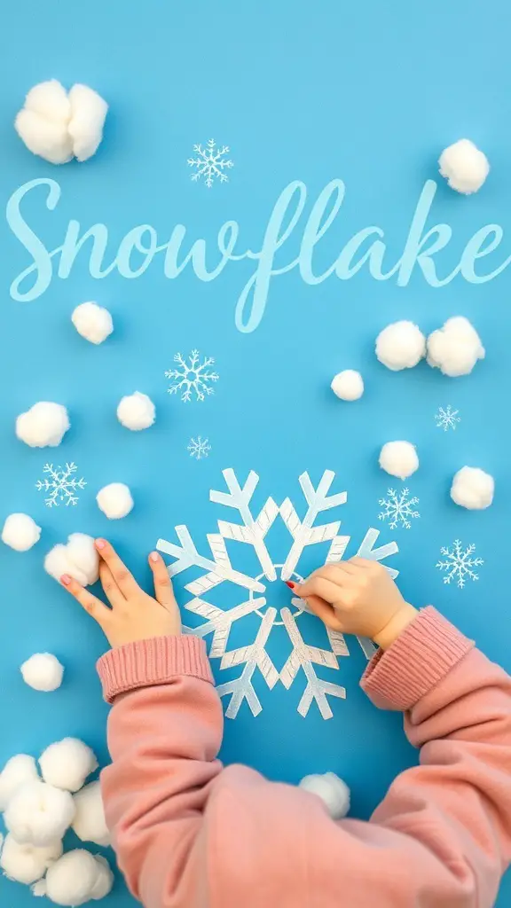 A child painting a snowflake with cotton balls on a blue background.