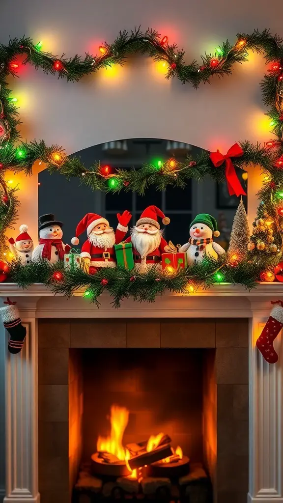 A festive fireplace mantle decorated with Santa and snowman figures, colorful lights, and holiday decorations.