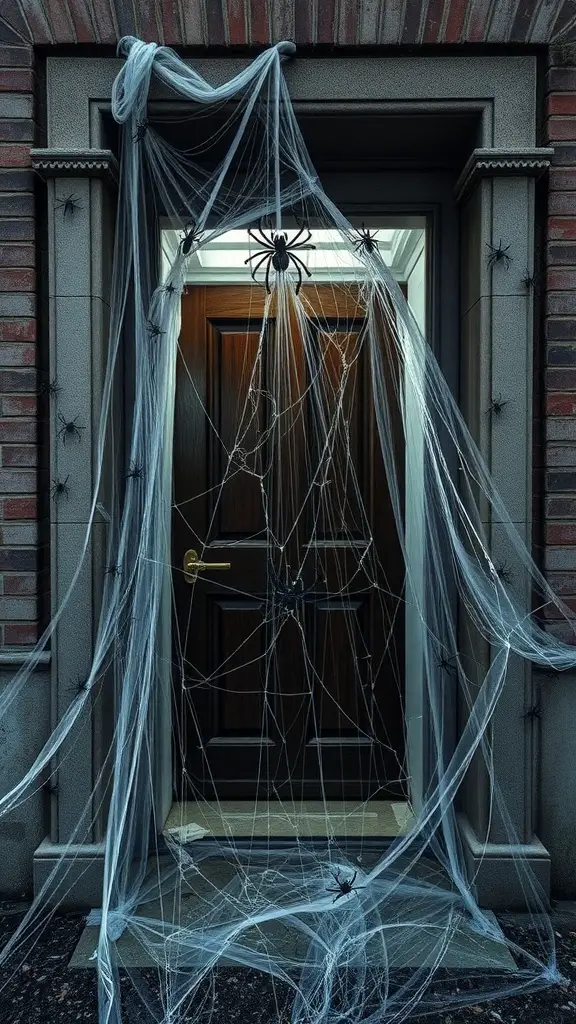 A doorway decorated with cobwebs and plastic spiders for Halloween