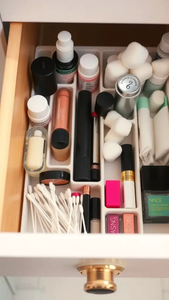 29+ Creative Bathroom Under Sink Organization Ideas You Need to Try 7 A neatly organized bathroom drawer with beauty products and cotton swabs in separate compartments.