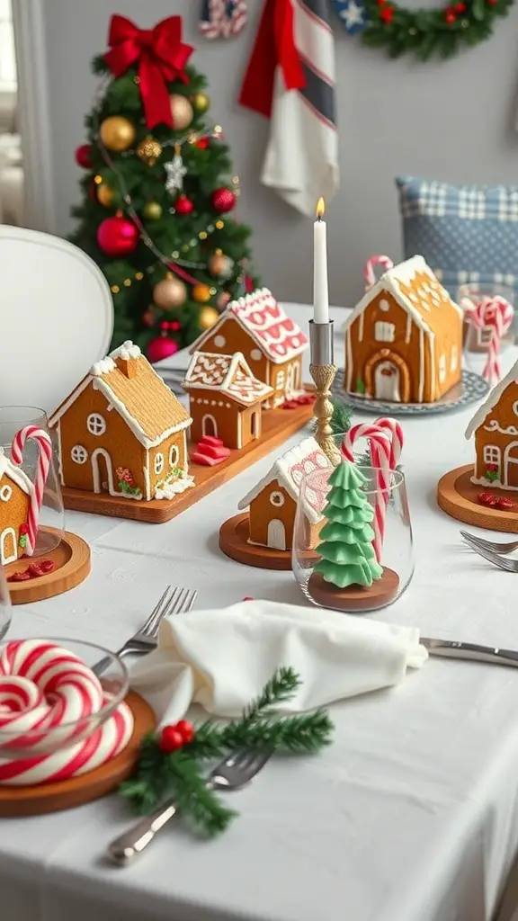 A beautifully decorated Christmas dining table featuring gingerbread houses, candy canes, and festive greenery.
