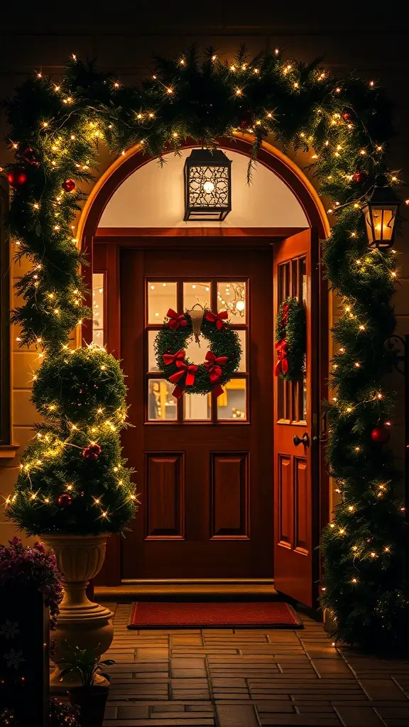 25+ Christmas Entryway Decor Ideas to Transform Your Home 6 A beautifully decorated Christmas entryway with warm lights, garlands, and wreaths.