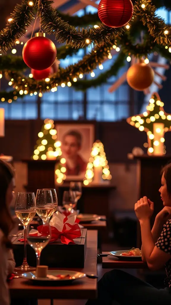 29+ Must-Have Christmas Wishlist Ideas for Everyone 13 A festive dining setting with decorations, lights, and wine glasses, creating a cozy atmosphere.