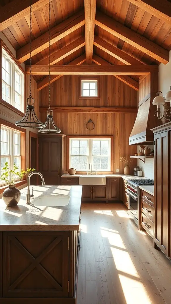 29+ Inspiring Barndominium Interior Ideas You’ll Love 6 Stylish kitchen with wooden beams and cabinetry, large windows, and a spacious island.