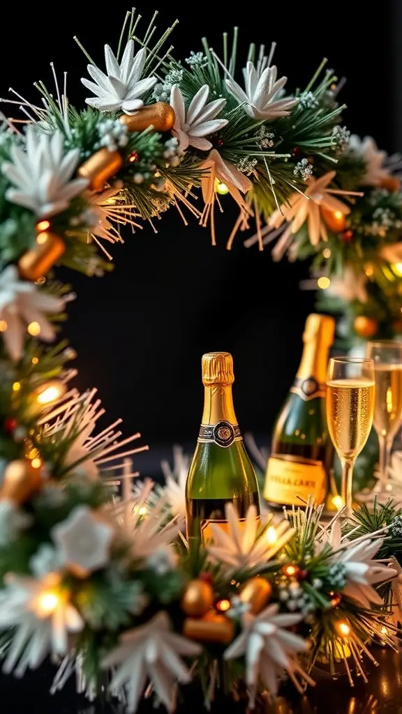 A festive wreath featuring champagne bottles and decorative flowers, illuminated with lights.