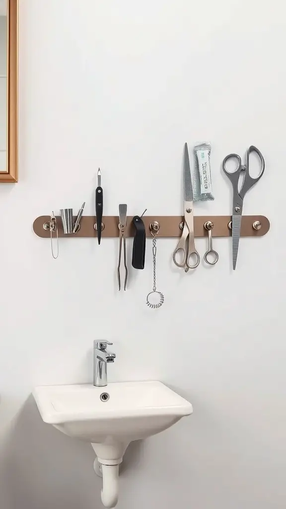 25+ Clever Hidden Storage Ideas for Your Bathroom 4 Magnetic strip mounted on a wall holding various small metal items in a bathroom.