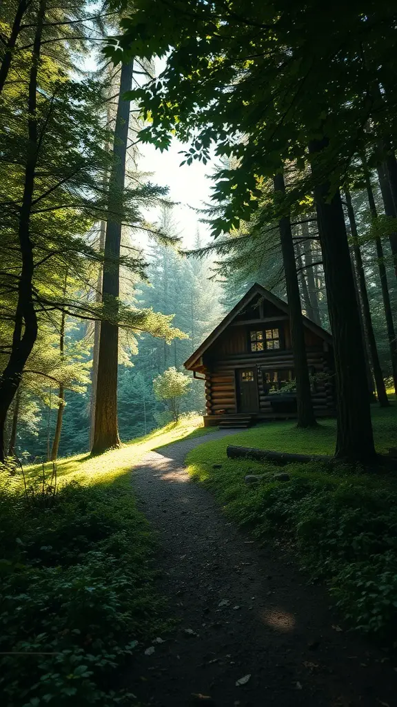 29+ Cozy Cabin Trip Ideas for Your Perfect Getaway 8 A cozy cabin in a forest surrounded by tall trees and sunlight.