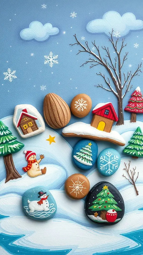 Colorful winter-themed story stones featuring snowmen, trees, and houses on a snowy background