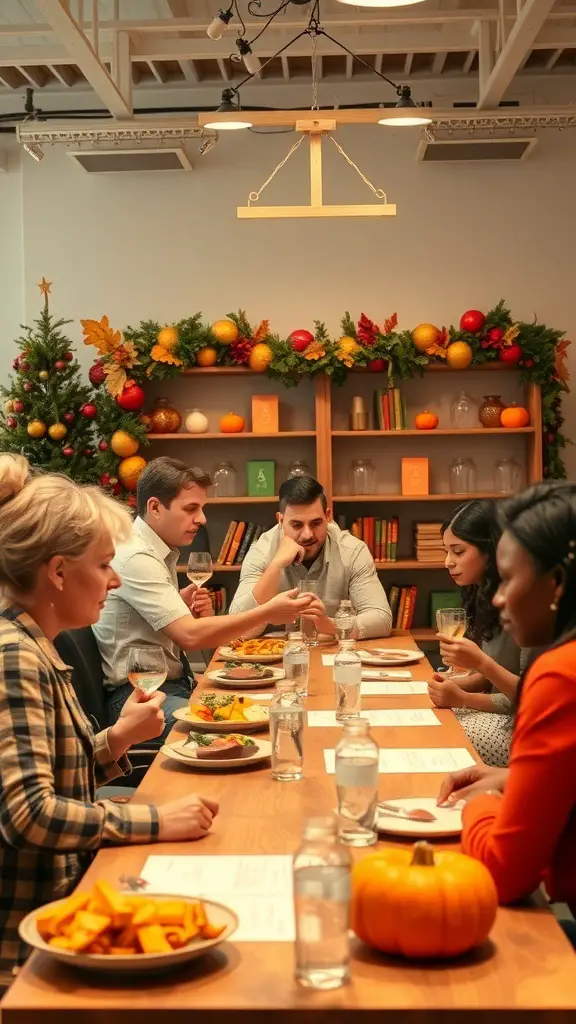 A group of people enjoying a Thanksgiving meal at a long table decorated with festive items.
