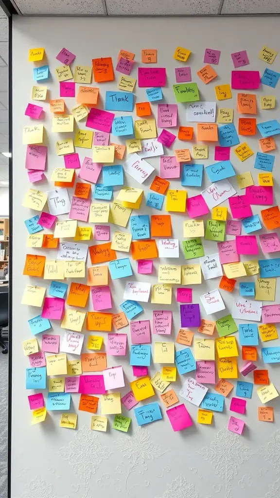 A wall covered in colorful sticky notes with messages of gratitude.