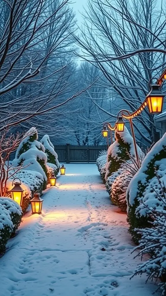 Snowy pathway with lanterns illuminating the way