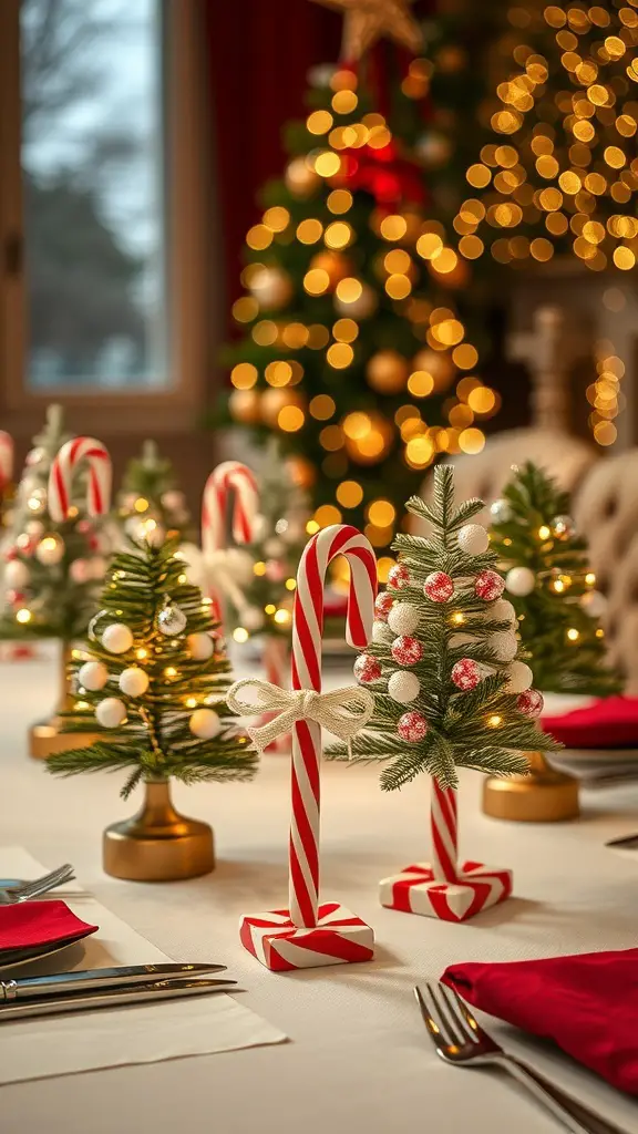 Mini candy cane trees on a festive table setting