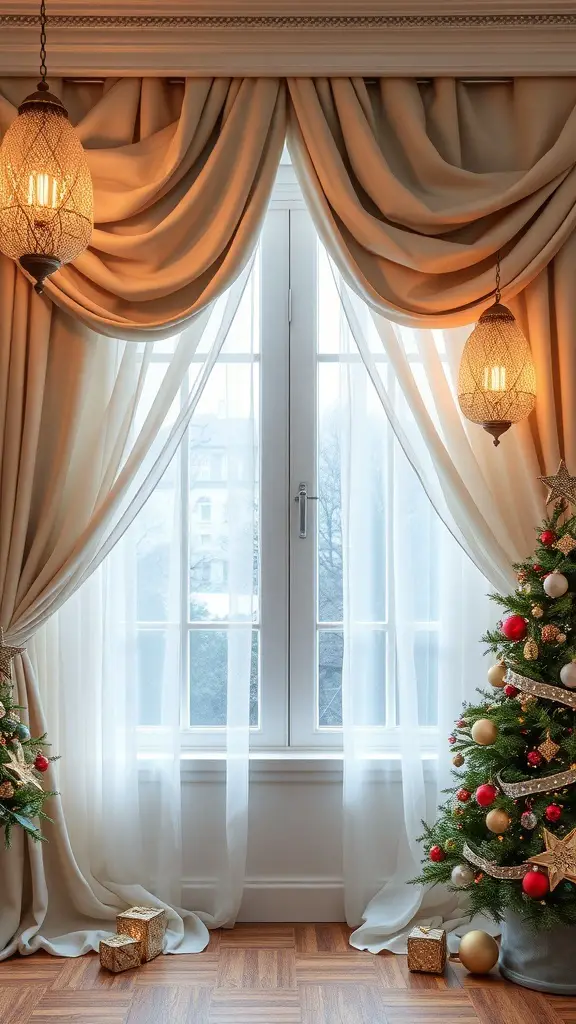 23+ Stunning Christmas Window Decorations to Brighten Your Home 16 A cozy window decorated for Christmas with draped curtains, festive trees, and glowing lanterns.