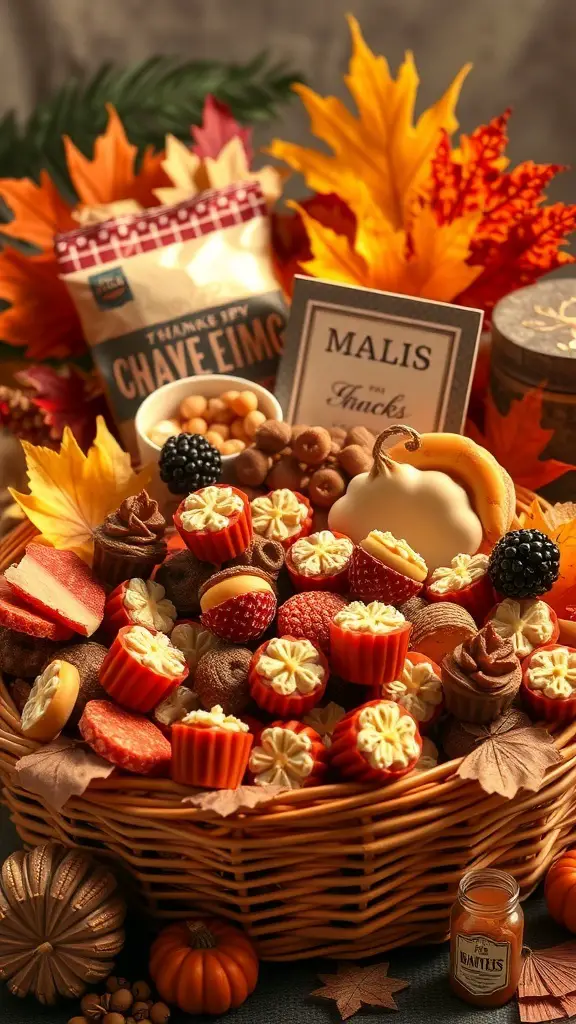 A gourmet Thanksgiving snack basket filled with various treats, surrounded by autumn leaves and decorative elements.