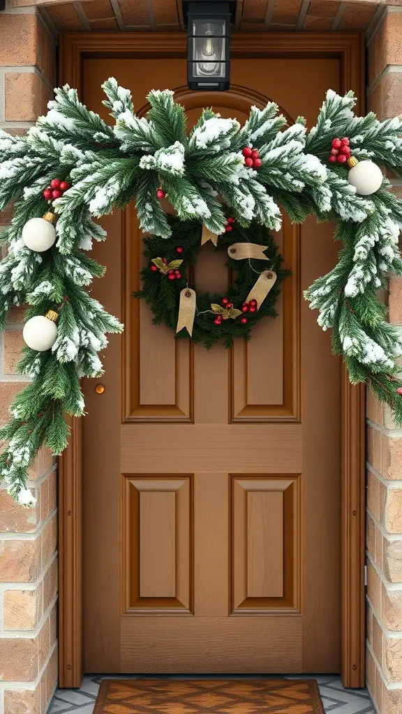 A festive garland with snow accents over a brown doorway, featuring a wreath and holiday decorations.