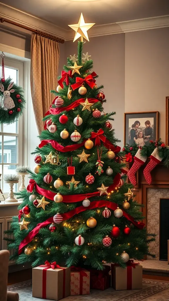 A beautifully decorated Christmas tree with red and green ornaments, ribbons, and a star on top.