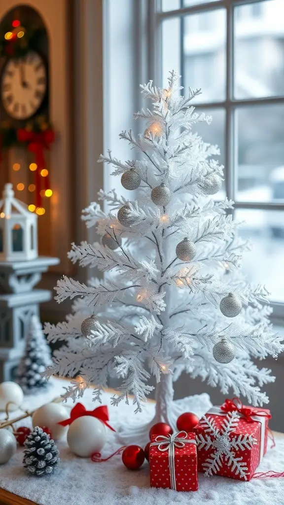 27+ Adorable Tabletop Christmas Tree Ideas for Your Holiday Decor 14 A frosted white tabletop Christmas tree with ornaments, surrounded by red and white gifts and festive decorations.