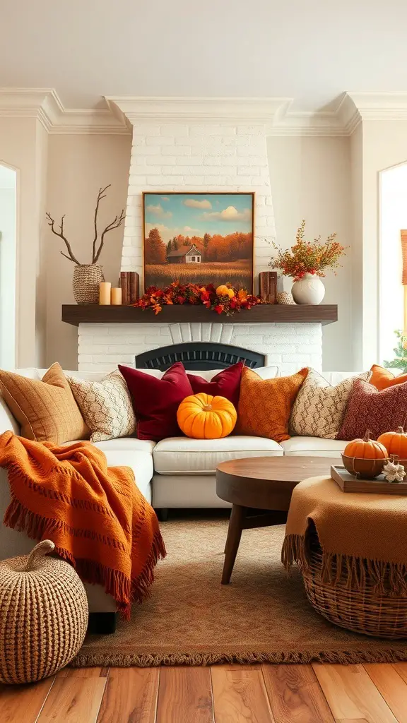 Cozy living room with seasonal pillows and throws in autumn colors
