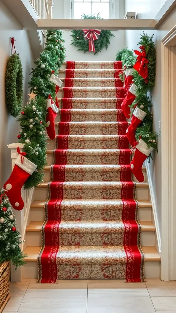 25+ Creative Christmas Staircase Decor Ideas to Transform Your Home 4 A beautifully decorated staircase with red stockings, greenery, and ribbons for Christmas.