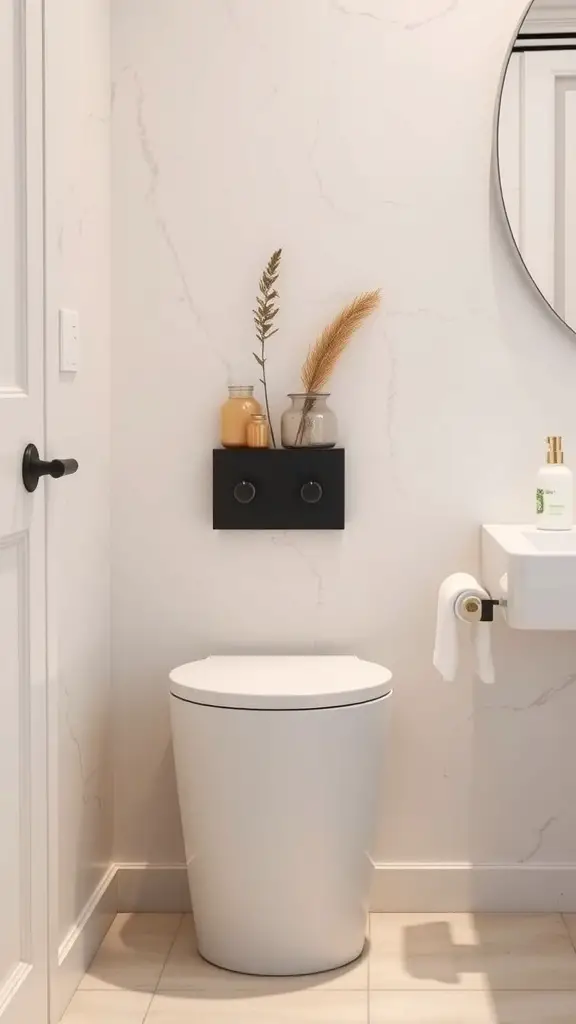 25+ Must-Try Minimalist Bathroom Organization Ideas 7 A minimalist bathroom featuring a stylish white waste bin and a black wall-mounted shelf with decorative items.