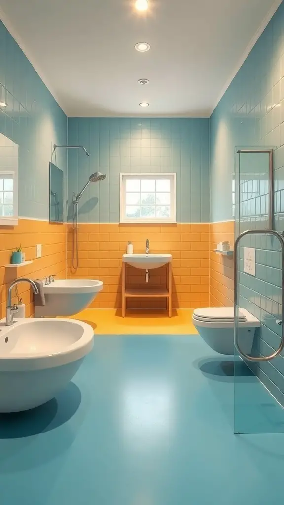 29+ Stunning Bathroom Flooring Ideas to Transform Your Space 10 A colorful bathroom featuring rubber flooring in blue and orange, with modern fixtures.