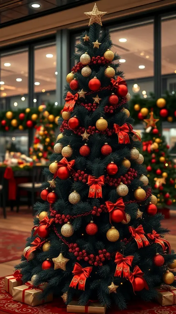 27+ Stunning Black Christmas Tree Ideas to Elevate Your Holiday Decor 6 A black Christmas tree decorated with red and gold ornaments, bows, and a star on top.
