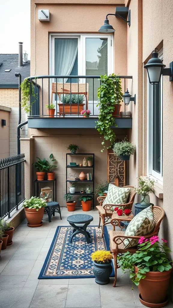 27+ Inspiring Small Garage Apartment Ideas for Cozy Living 16 A cozy balcony with potted plants, comfortable seating, and a small table.