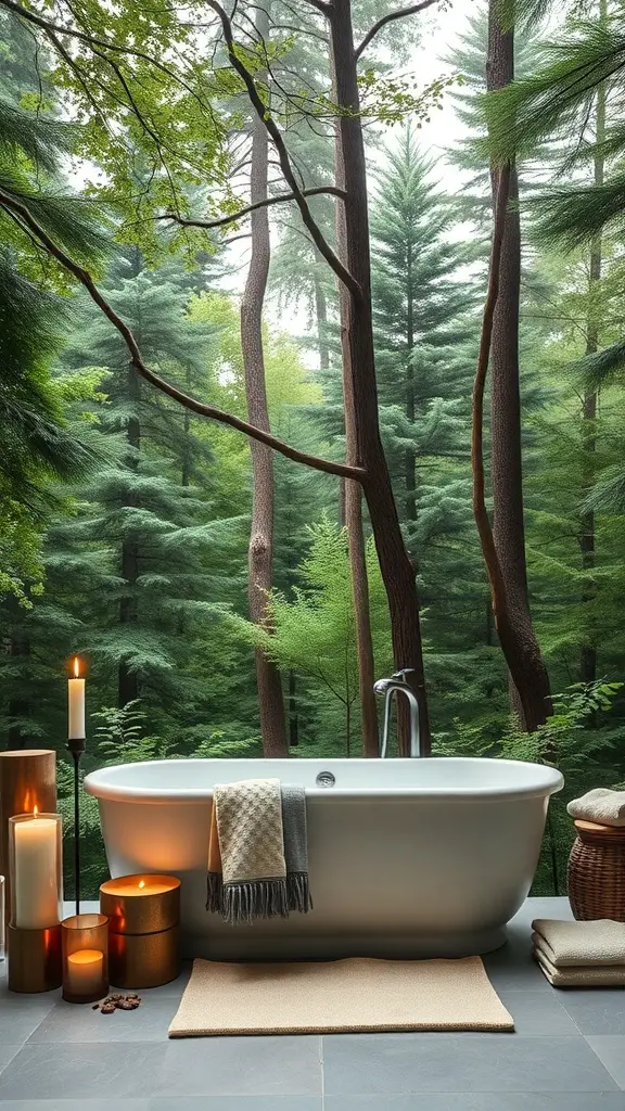 23+ Inspiring Green Bathroom Ideas for a Refreshing Makeover 8 A serene bathroom featuring a white bathtub surrounded by lush green trees and candles.