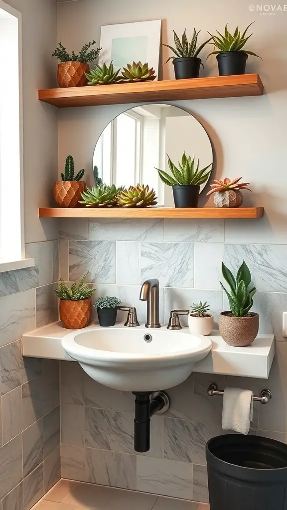 27+ Creative Plant Display Ideas to Transform Your Bathroom 7 Shelves above a sink filled with various succulent plants in stylish pots