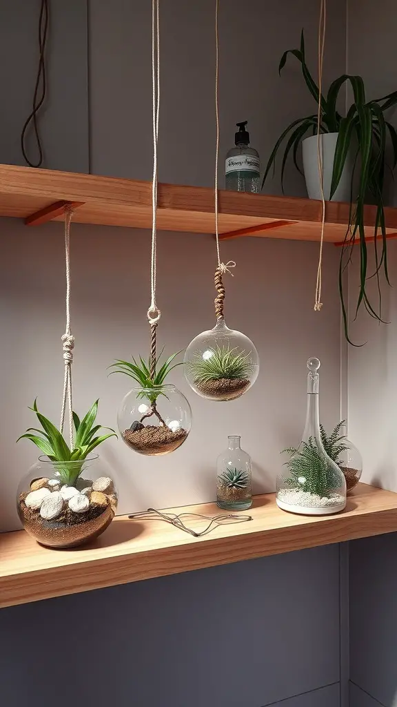 29+ Inspiring Boho Bathroom Shelf Decor Ideas to Transform Your Space 16 A collection of hanging terrariums with various plants displayed on a wooden shelf.