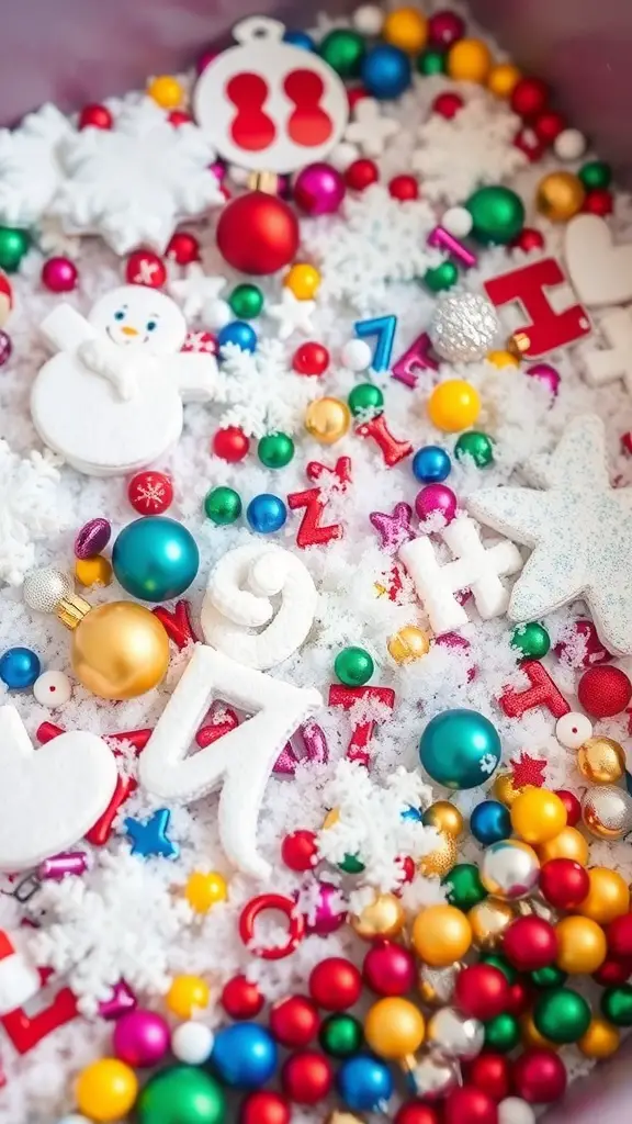 27+ Fun Christmas Activities for Toddlers 4 A colorful holiday sensory bin filled with fake snow, ornaments, and festive decorations.