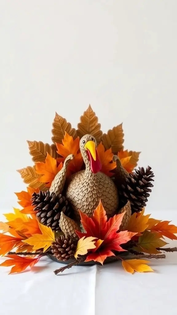 27+ Creative Turkey Crafts for Adults to Celebrate Thanksgiving 9 A decorative turkey centerpiece made from natural materials, surrounded by autumn leaves and pinecones.