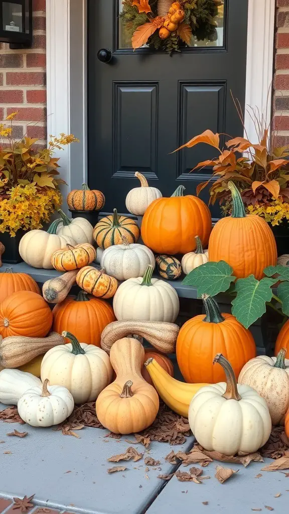 A colorful arrangement of pumpkins and gourds on a doorstep, with a dark door and a wreath in the background.